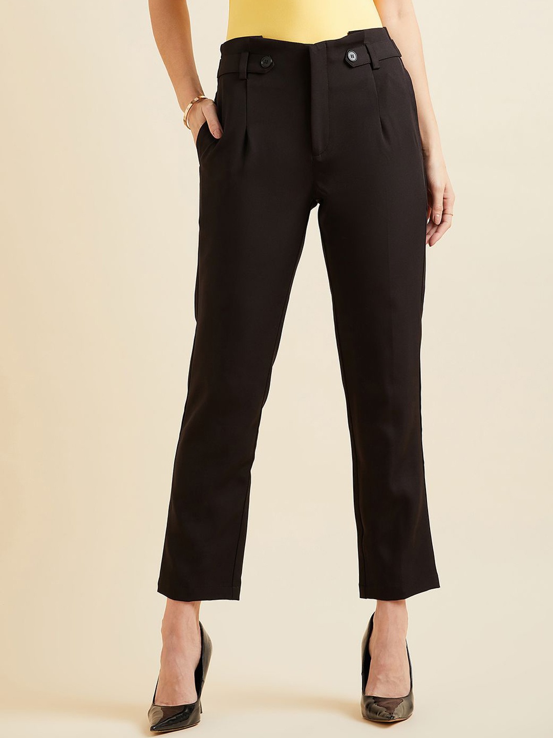 

PANIT Women Smart Straight Fit High-Rise Pleated Formal Trouser, Black
