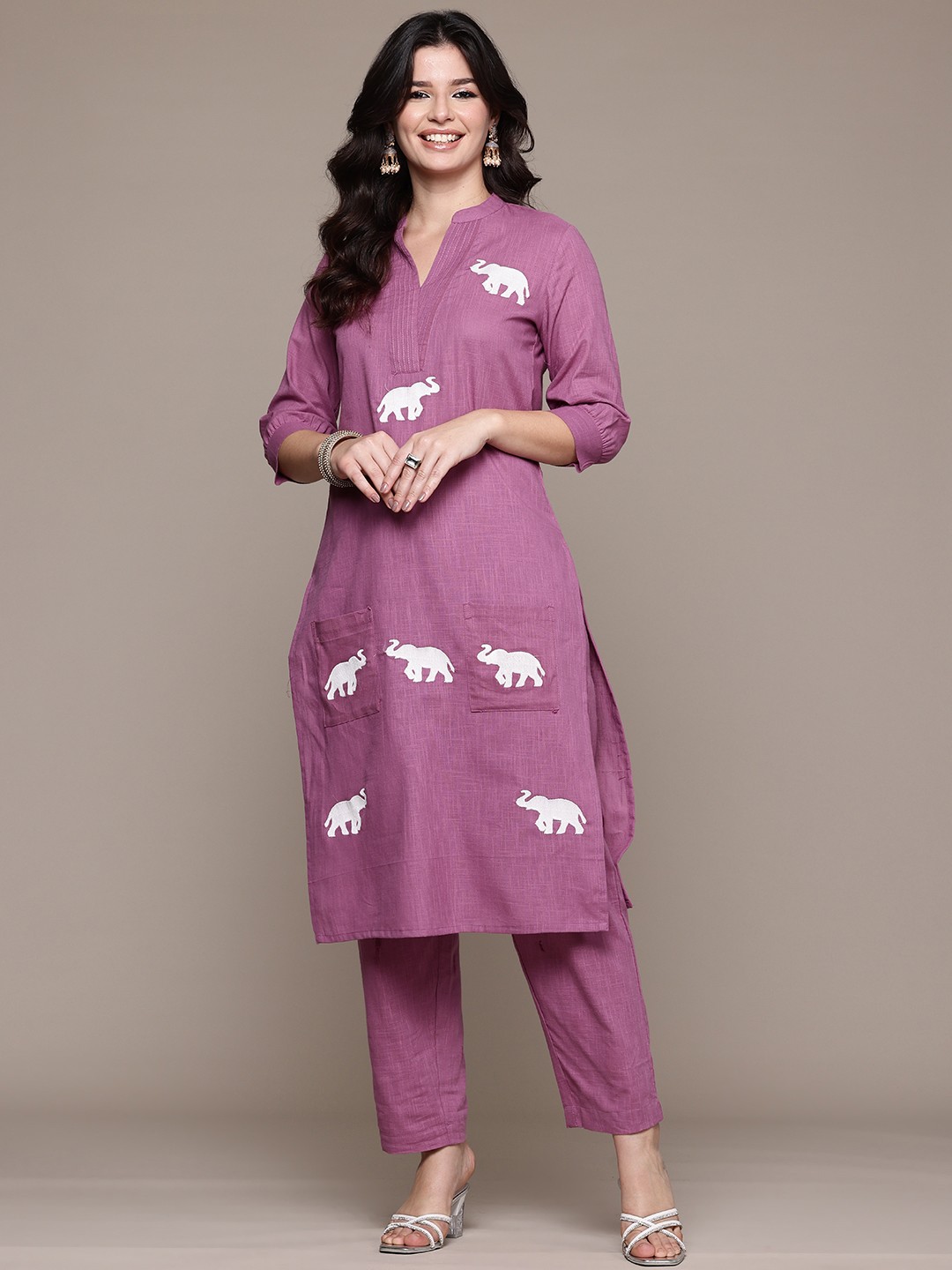 

Readiprint Animal Embroidered Thread Work Pure Cotton Kurta with Trousers, Purple
