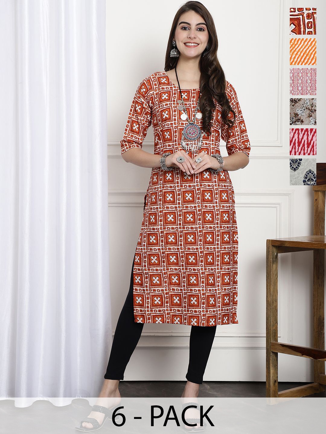 

7Threads Selections of 6 Ethnic Motifs Printed Straight Kurta, Brown
