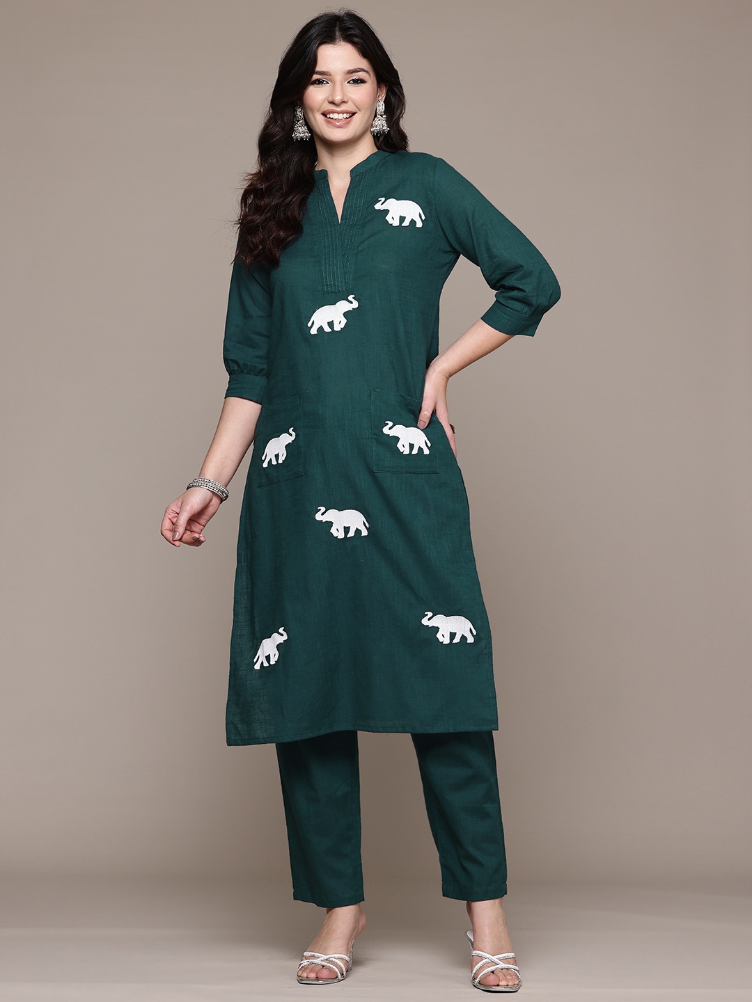 

Readiprint Animal Embroidered Thread Work Pure Cotton Kurta with Trousers, Teal