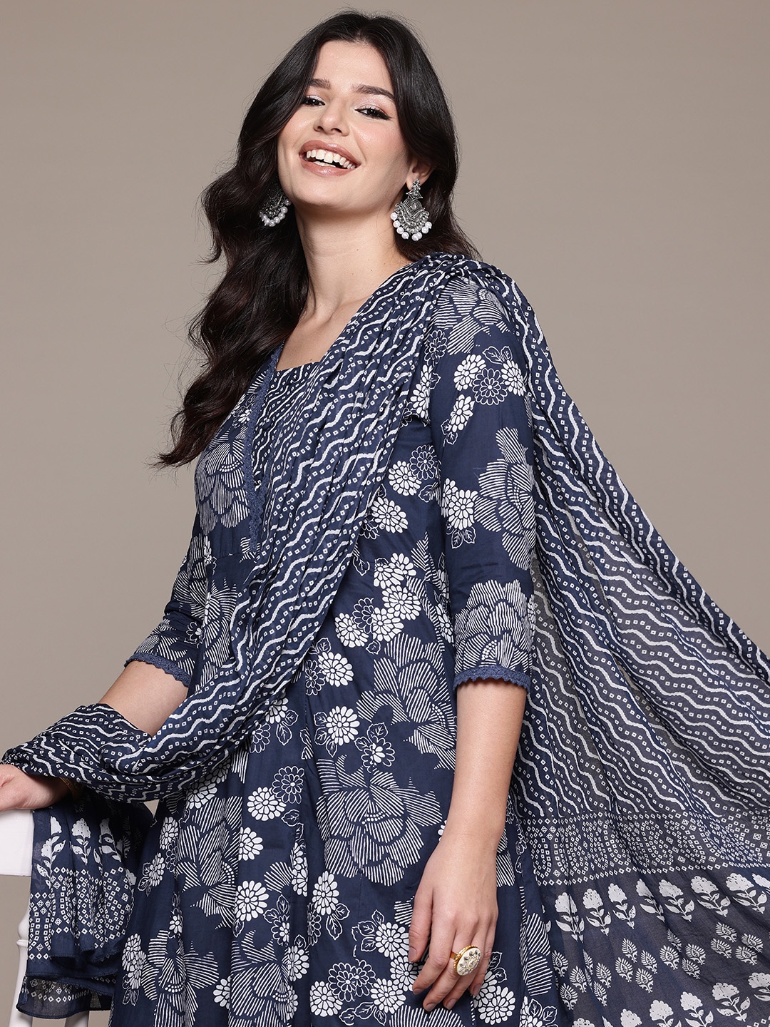 

Readiprint Floral Printed Sequinned Pure Cotton Kurta with Trousers & Dupatta, Blue