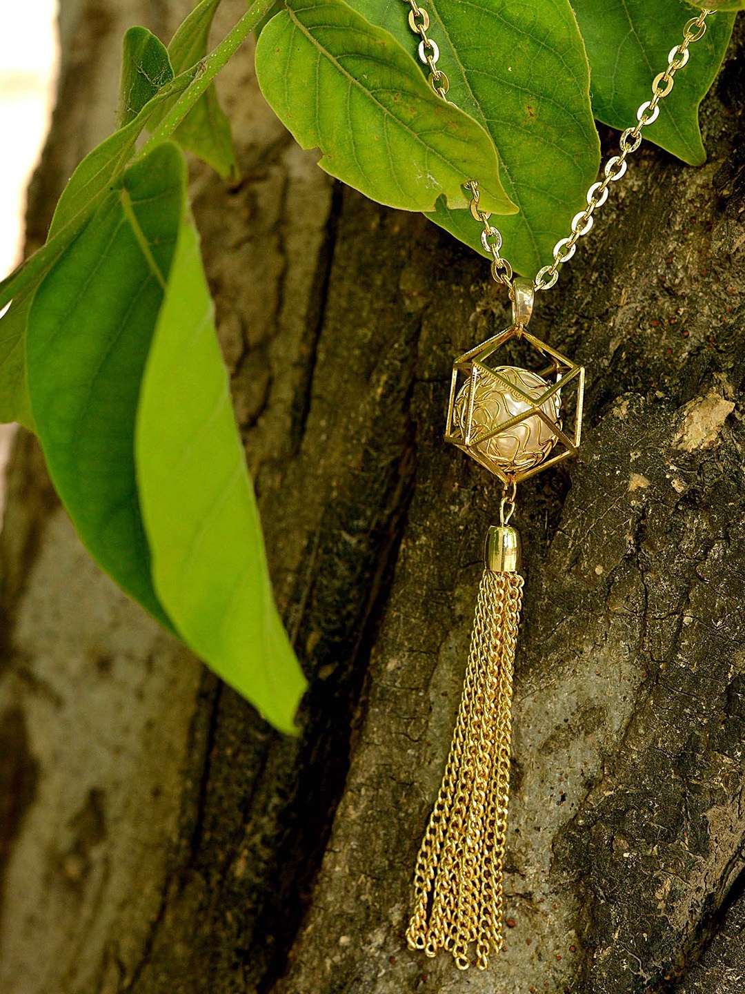 

MEMOIR Unisex Gold Plated Pearls Ball In Hexagon Cage Pendant With Chain