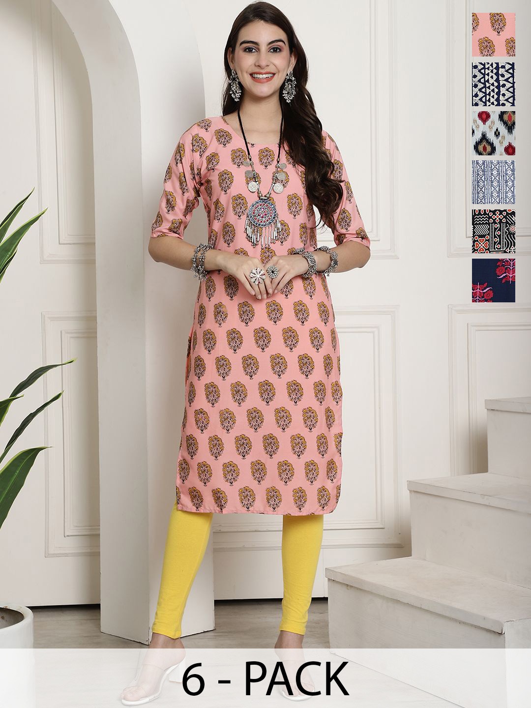 

7Threads Selection Of 6 Ethnic Motifs Printed Straight Kurtas, Pink
