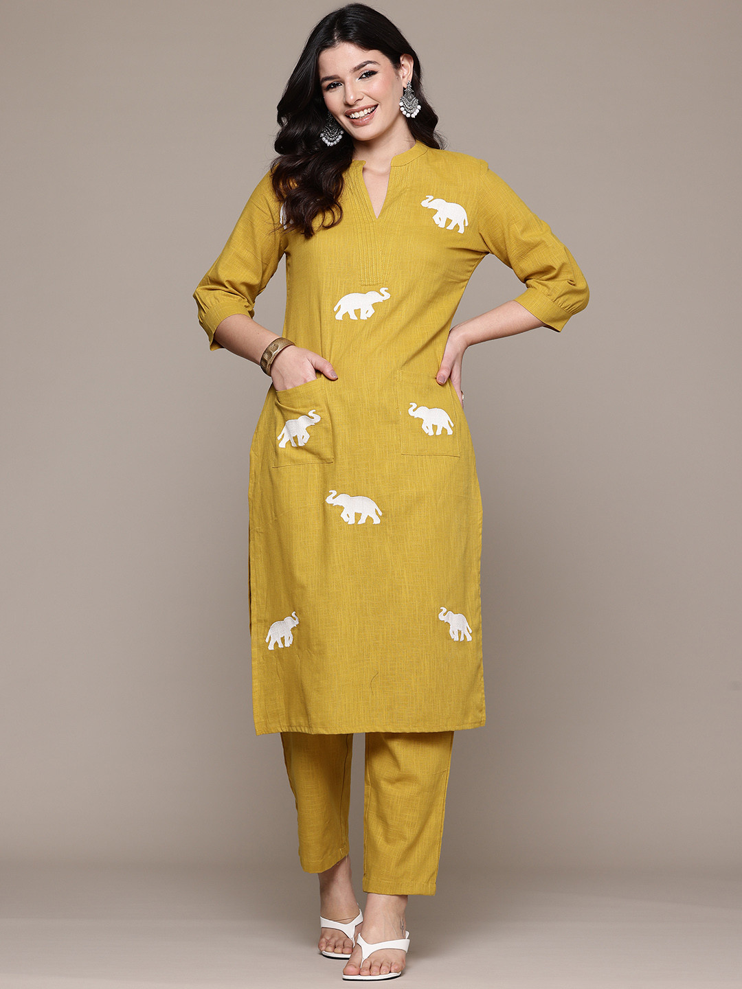

Readiprint Animal Embroidered Regular Thread Work Pure Cotton Kurta with Trousers, Mustard