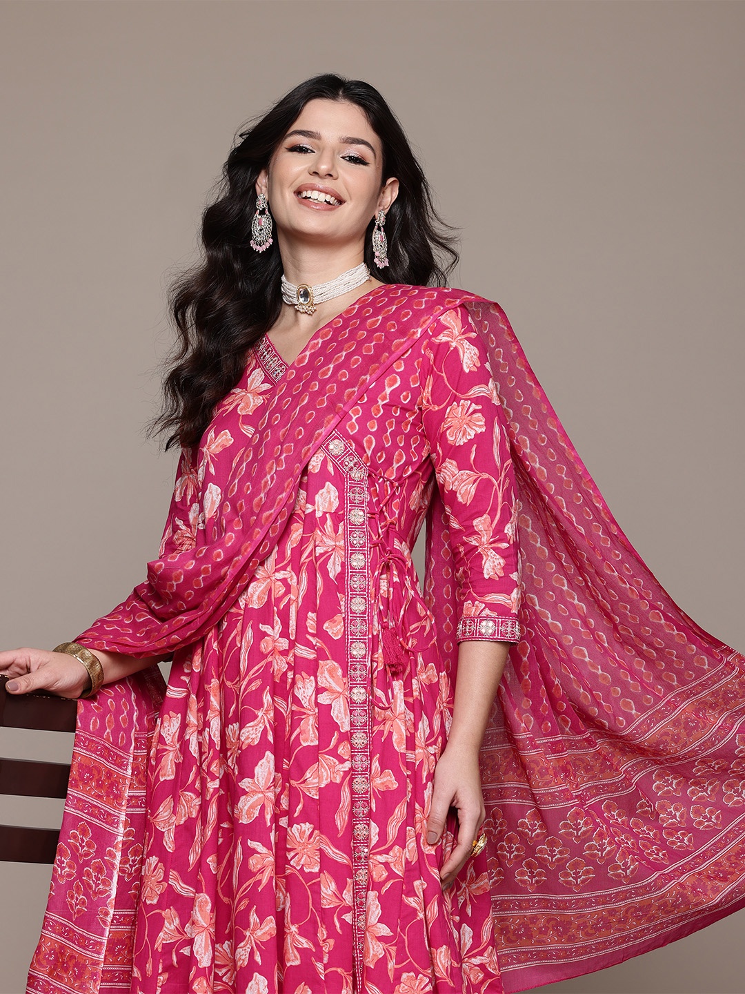 

Readiprint Floral Printed Angrakha Mirror Work Pure Cotton Kurta Set, Pink