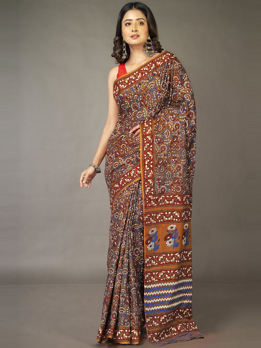 

Unnati Silks Pure Cotton Handloom Block Print Saree, Brown