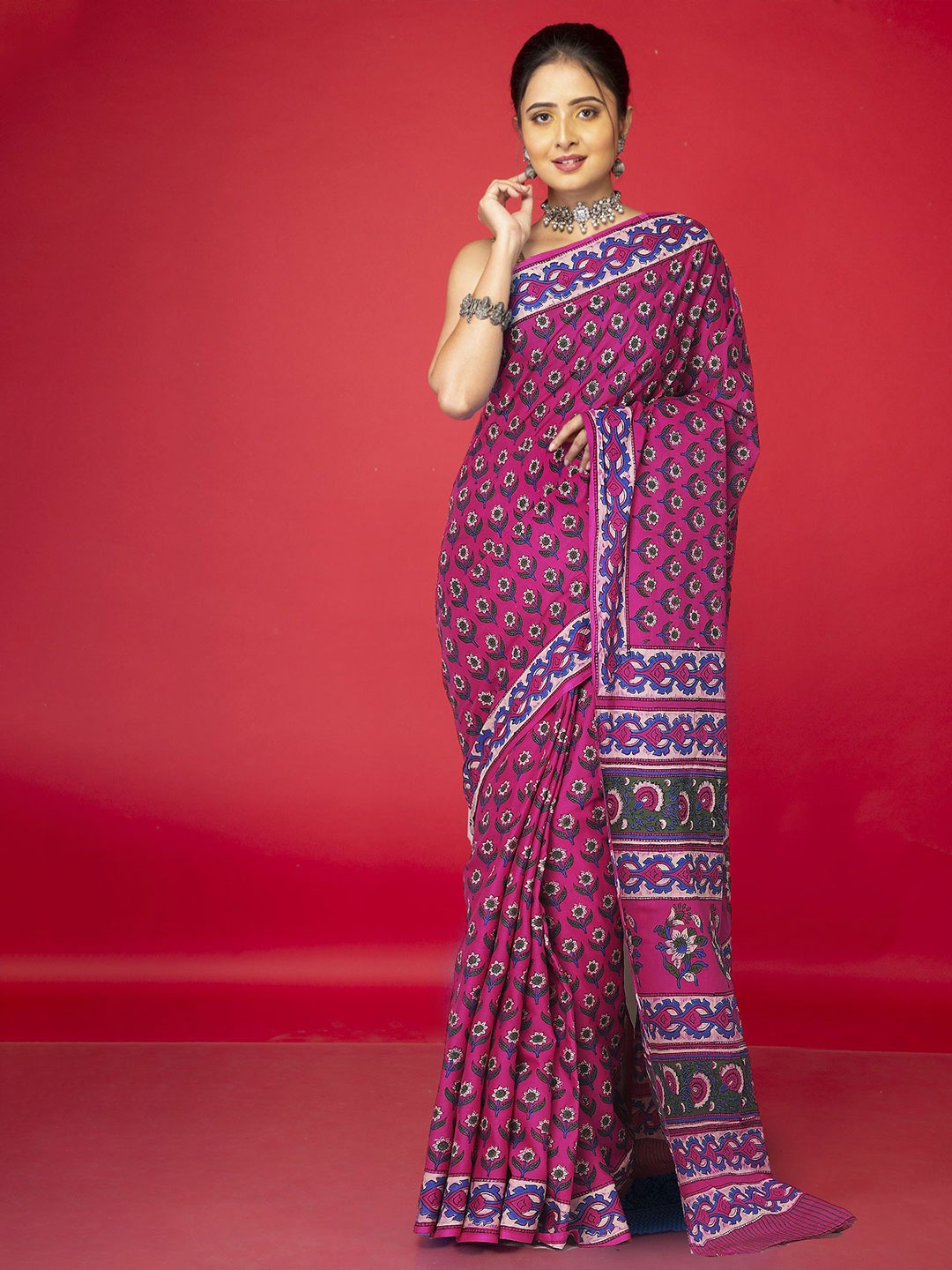 

Unnati Silks Printed Pure Cotton Handloom Block Print Saree, Pink