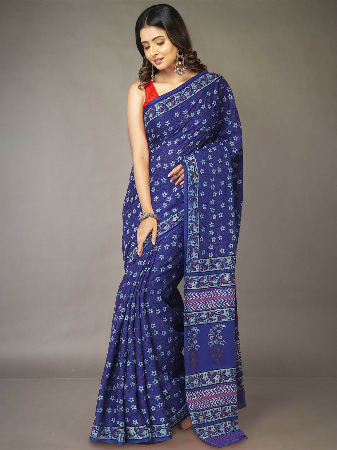

Unnati Silks Printed Pure Cotton Handloom Block Print Saree, Blue