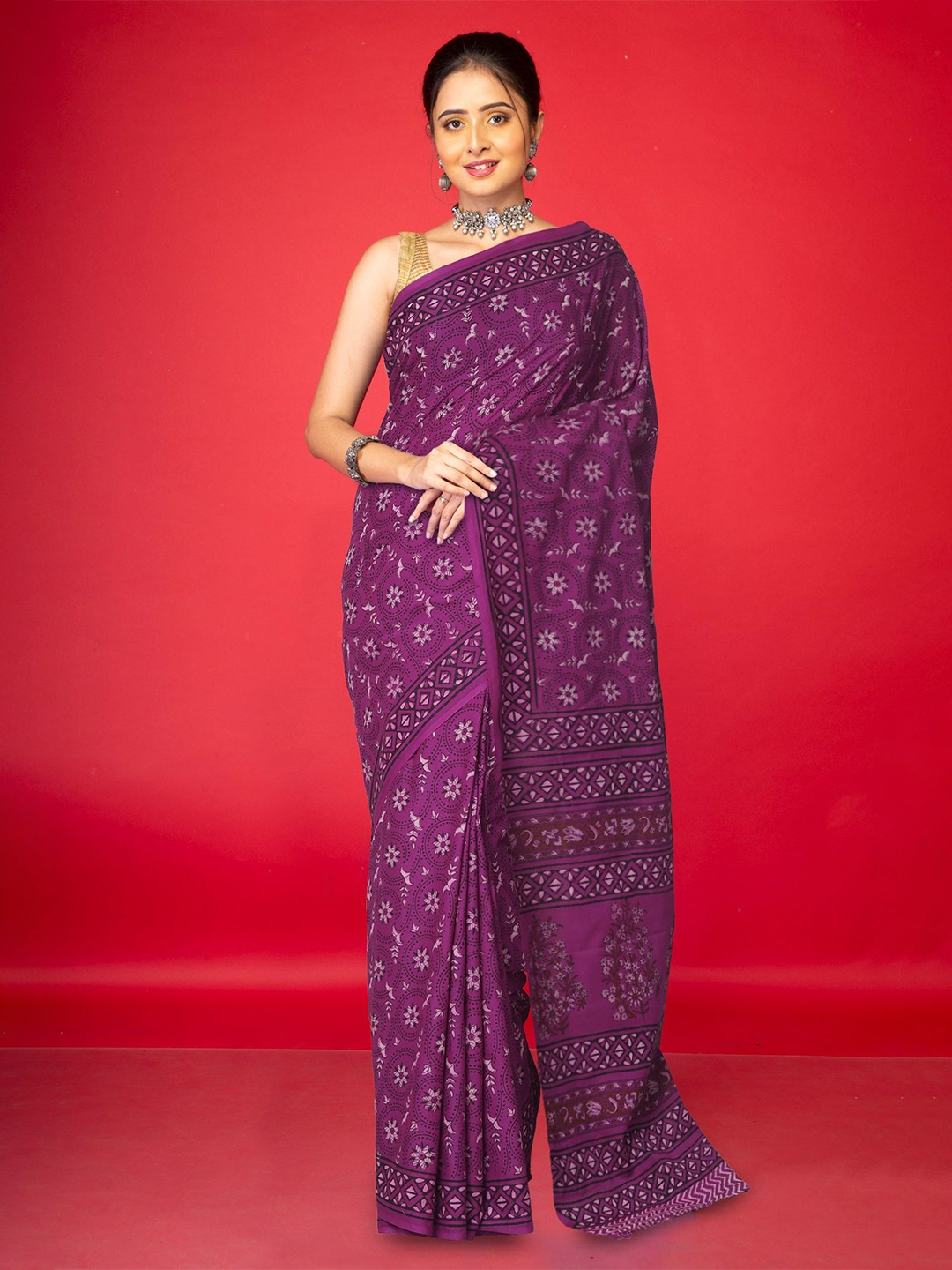 

Unnati Silks Pure Cotton Handloom Block Print Saree, Purple