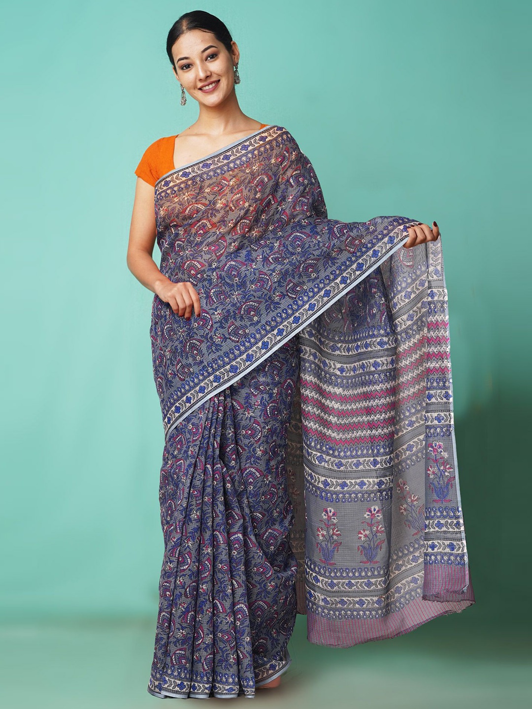 

Unnati Silks Floral Printed Net Handloom Kota Saree, Grey