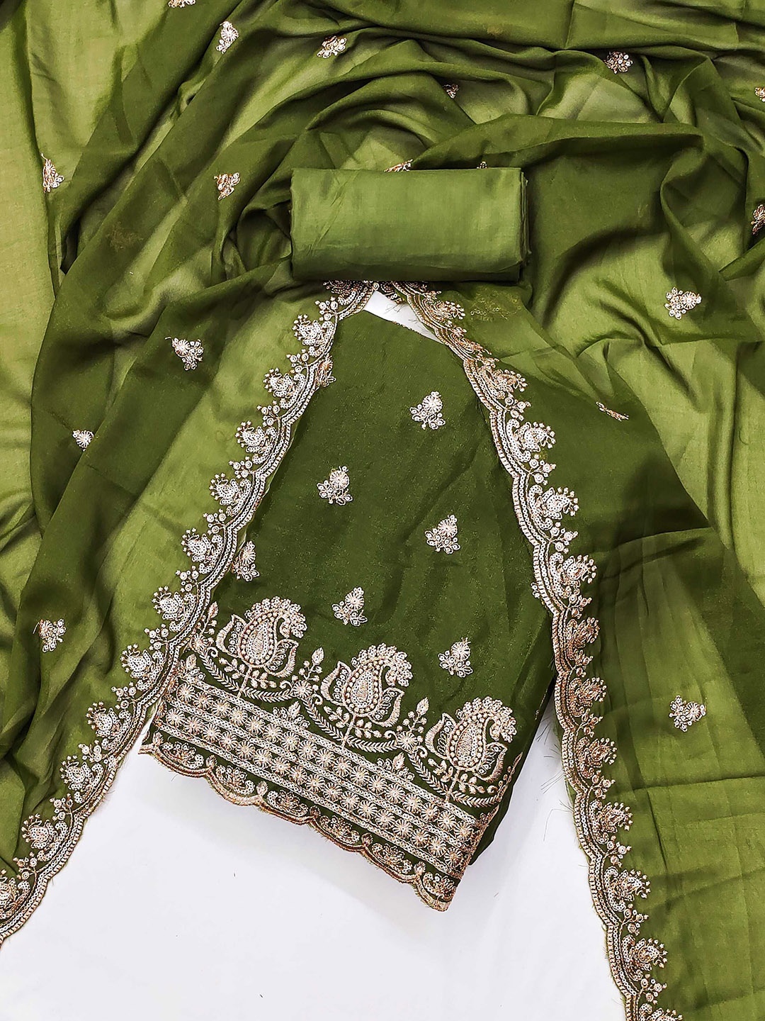 

KALINI Paisley Embroidered Sequinned Georgette Unstitched Dress Material, Green
