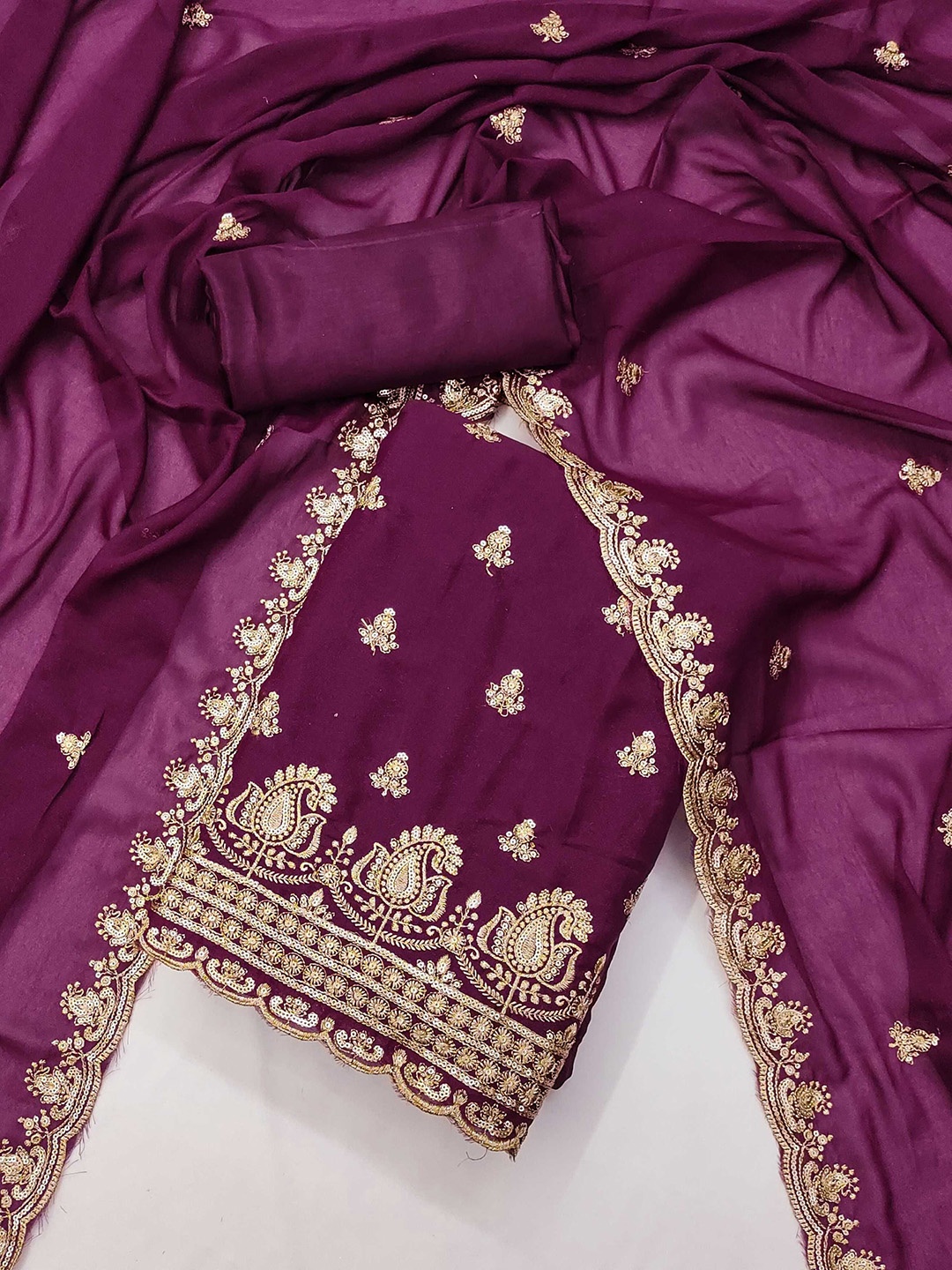 

KALINI Paisley Embroidered Sequinned Georgette Unstitched Dress Material, Purple