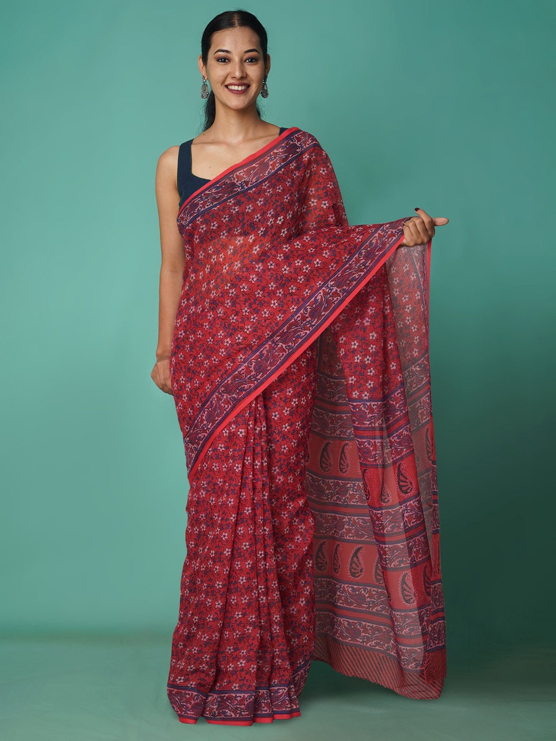 

Unnati Silks Floral Printed Net Handloom Kota Saree, Red