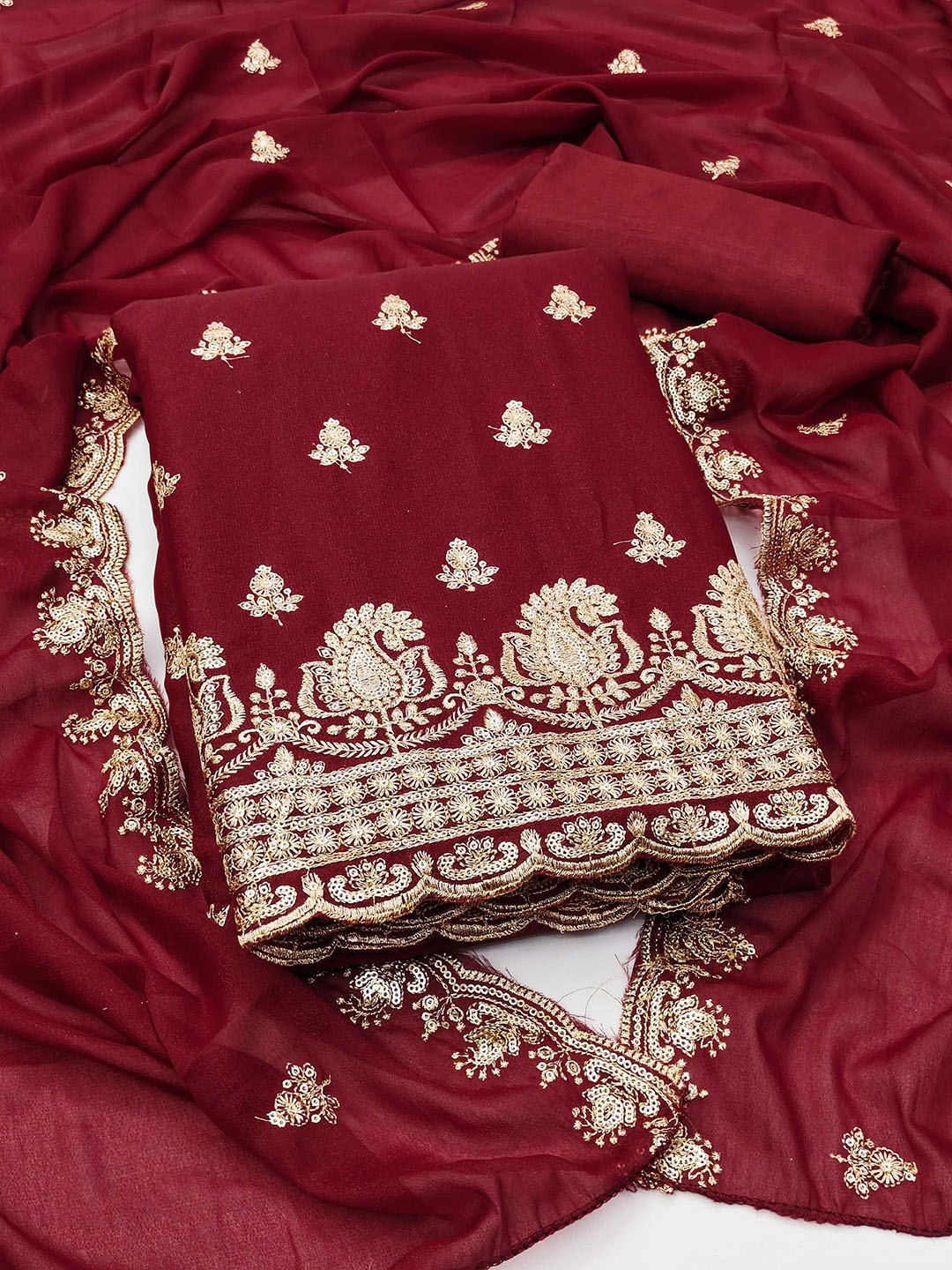 KALINI Paisley Embroidered Sequinned Unstitched Dress Material, Maroon
