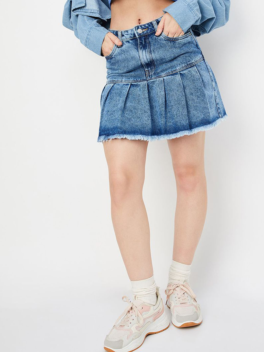 

max Pleated Women Denim Skater Pure Cotton Skirt, Blue