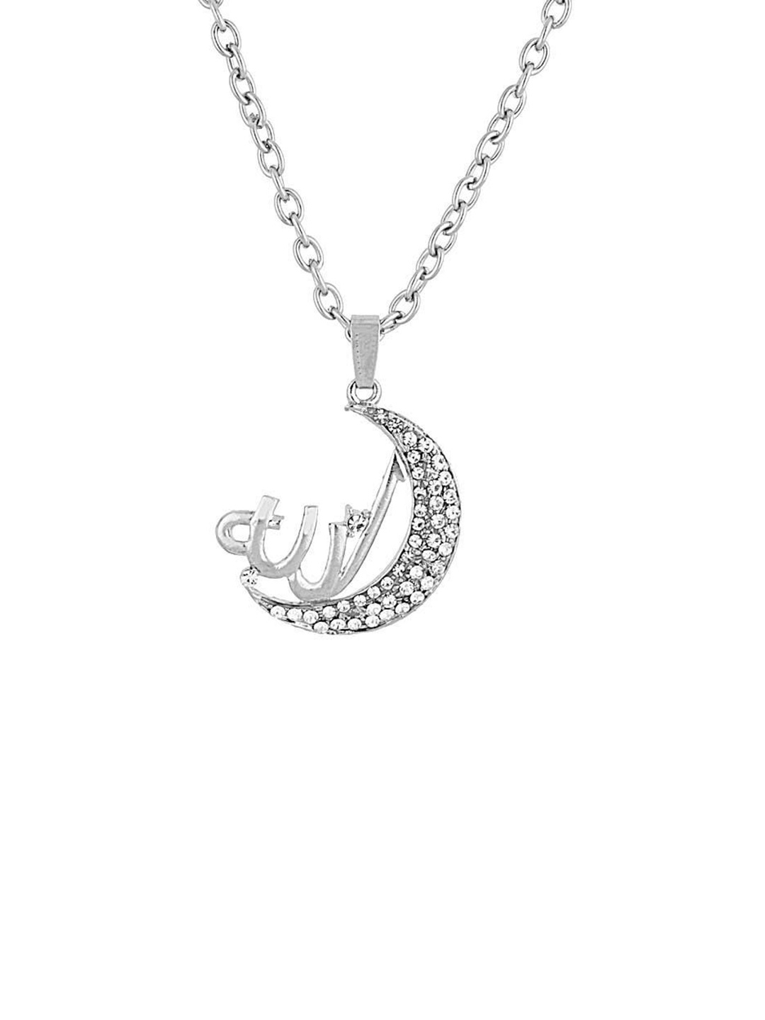 

MEMOIR Unisex Silver Plated Cubic Zirconia Studded Half Moon Pendant With Chain