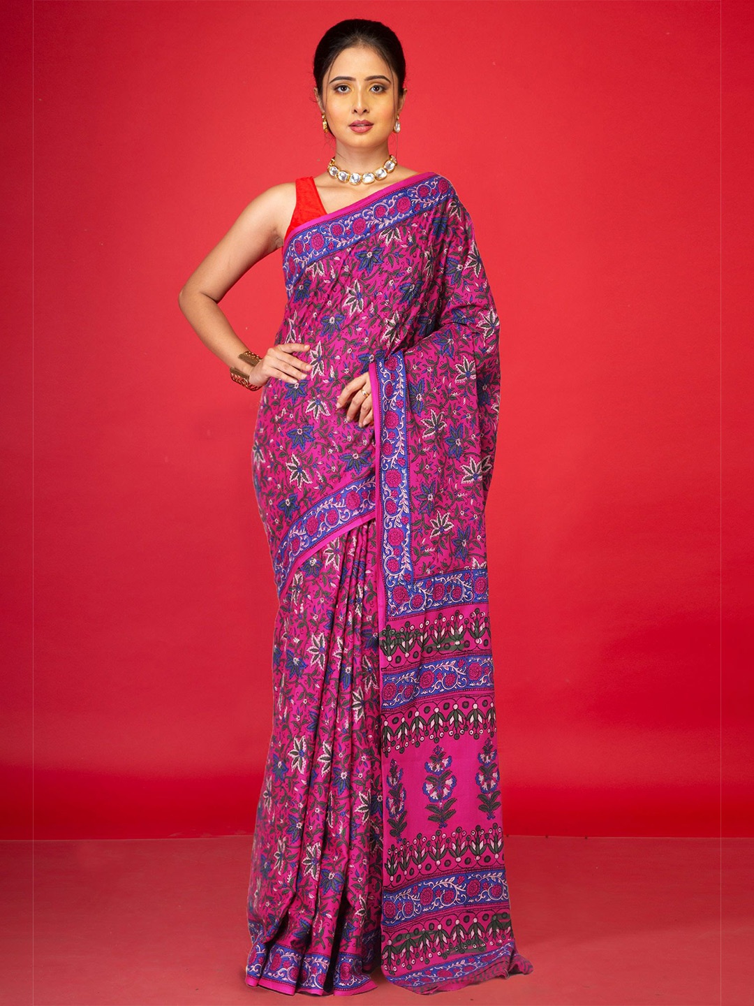 

Unnati Silks Floral Printed Pure Cotton Saree, Pink