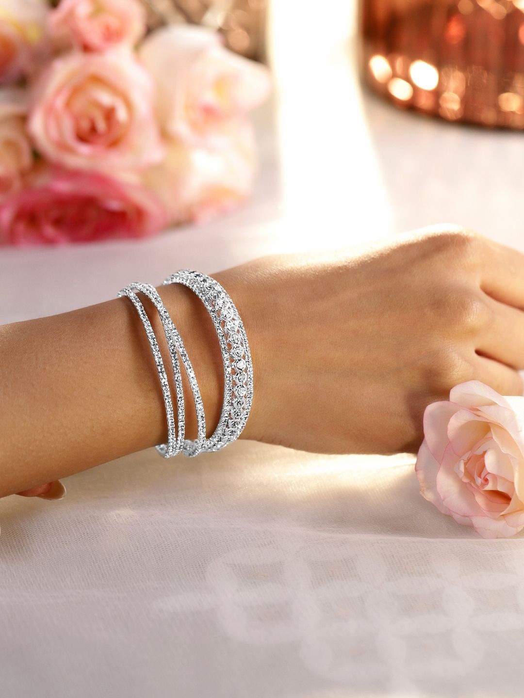 

Rubans Rhodium-Plated Crystals Stone Studded Cuff Bracelet, Silver