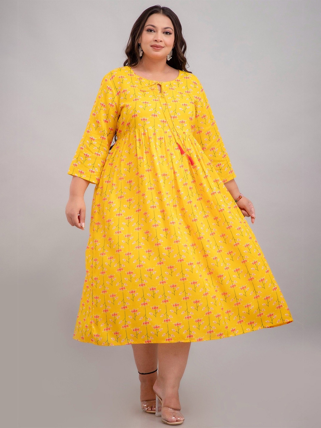 

Fashion Zest Women Plus Size Floral Printed Tie-Up Neck Fit and Flare Midi Dress, Yellow