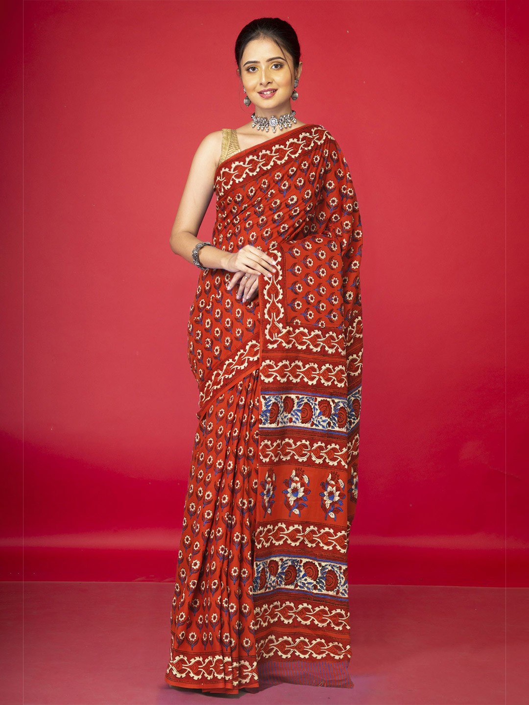 

Unnati Silks Floral Printed Pure Cotton Saree, Orange