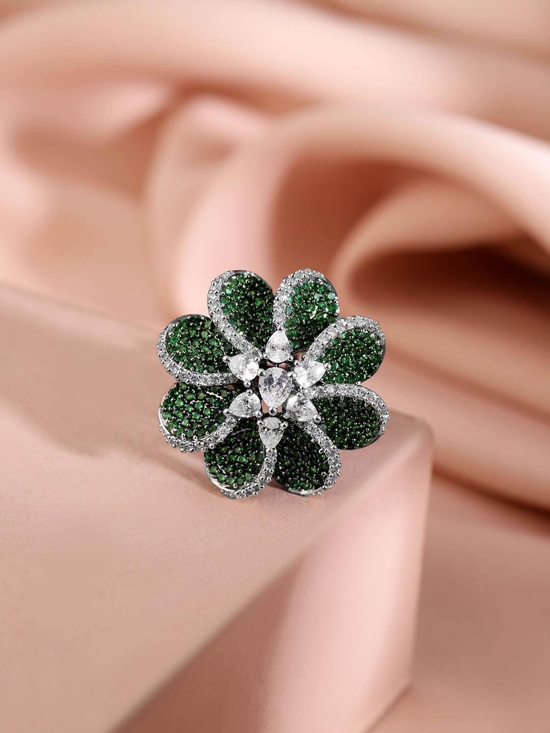 

Rubans Rhodium-Plated Stone Studded Floral Adjustable Finger Ring, Silver