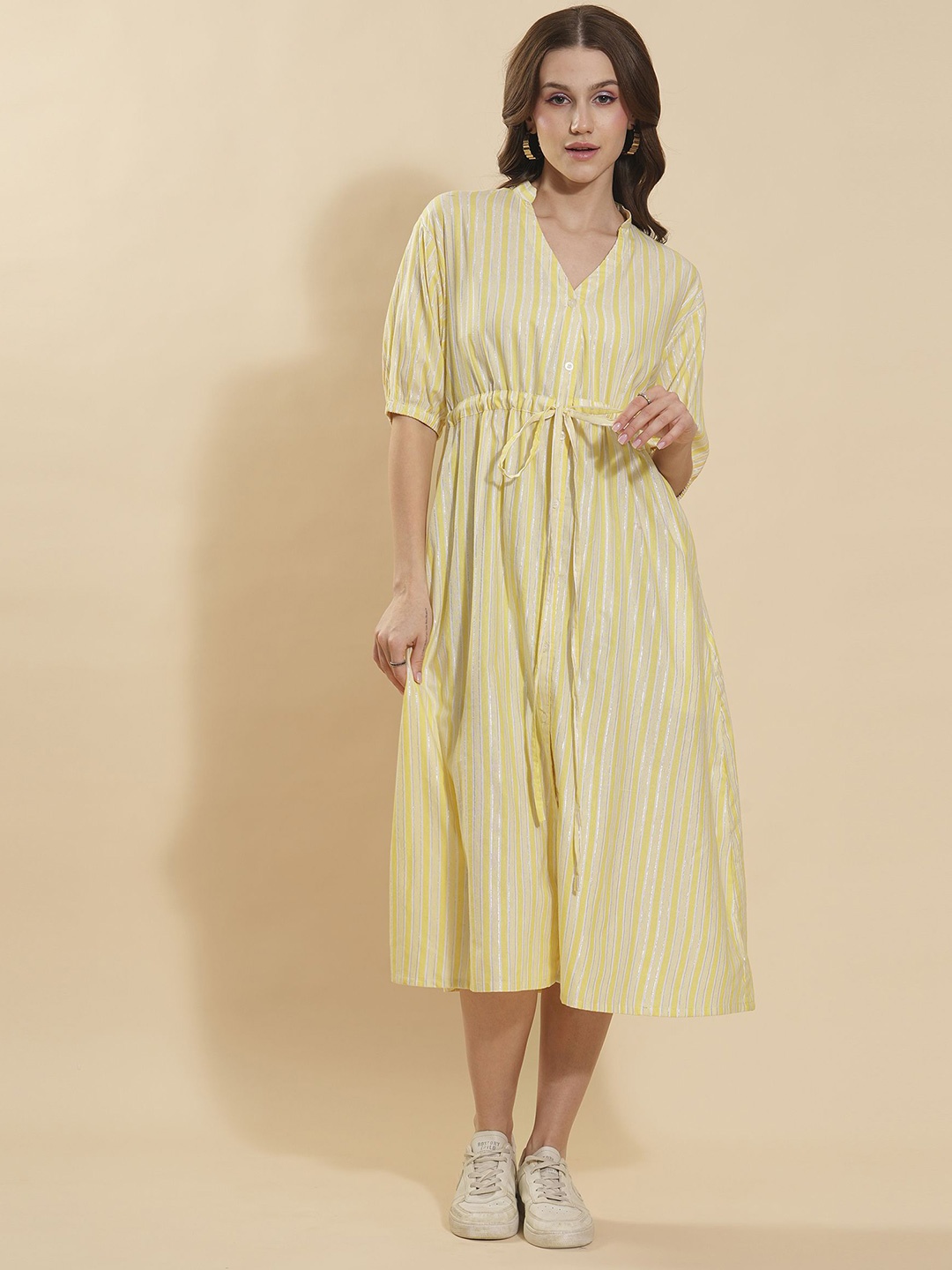 

all about you Women Cotton Mandarin Collar Striped Fit & Flare Dress, Yellow
