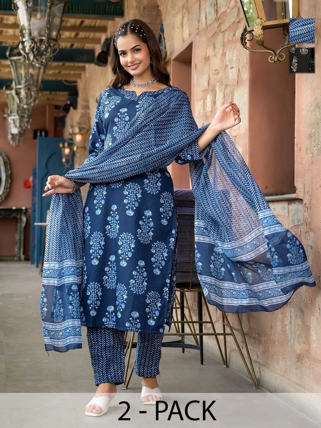 

KALINI Selection Of 2 Ethnic Motifs Printed Notch Neck Kurtas With Trousers & Dupattas, Navy blue
