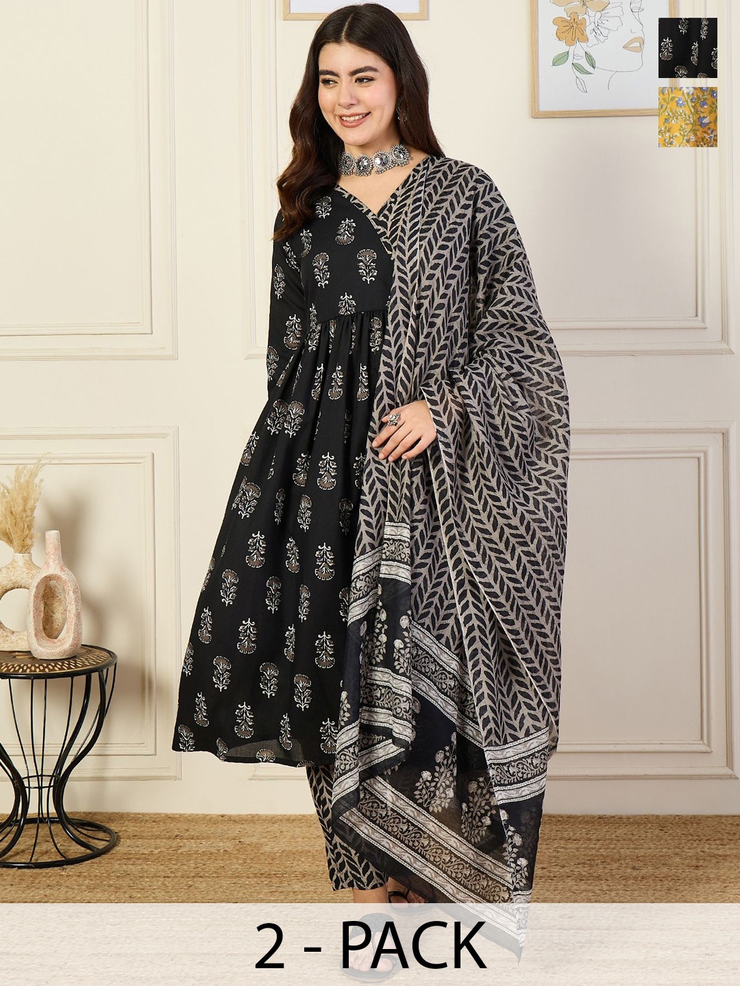 

KALINI Selection Of 2 Ethnic Motifs Printed Angrakha A-Line Kurta With Trousers & Dupattas, Black