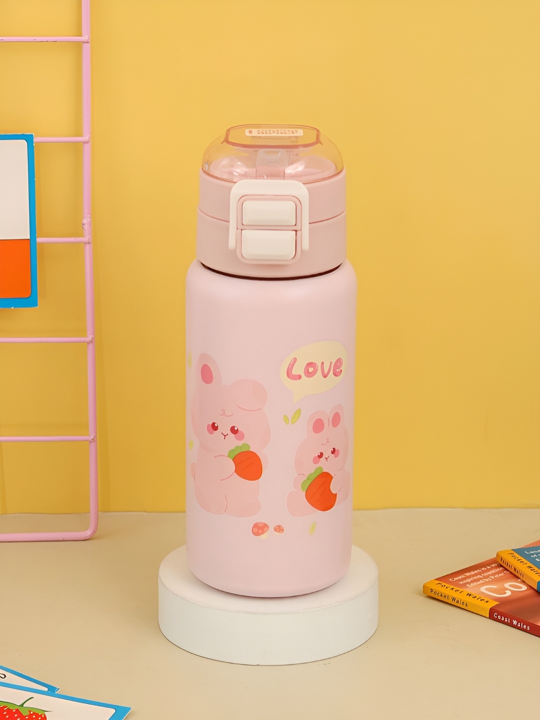 

Yellow Bee Pink & Red Single Stainless Steel Cartoon Characters Printed Water Bottle