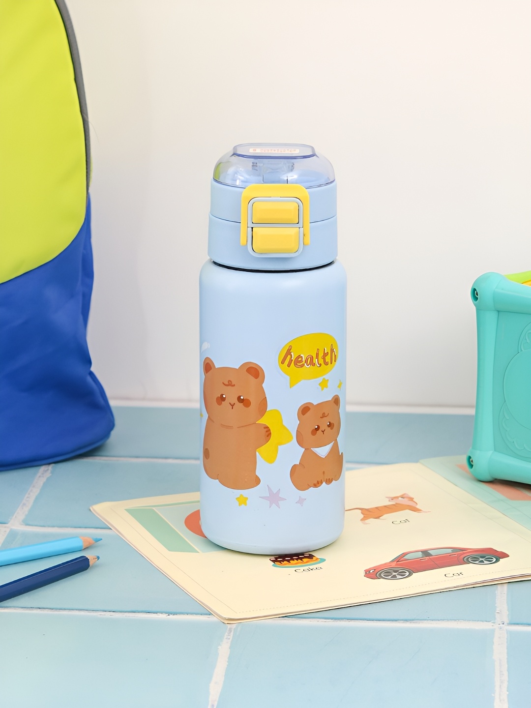 

Yellow Bee Blue & Brown Stainless Steel Cartoon Characters Printed Flask Water Bottle