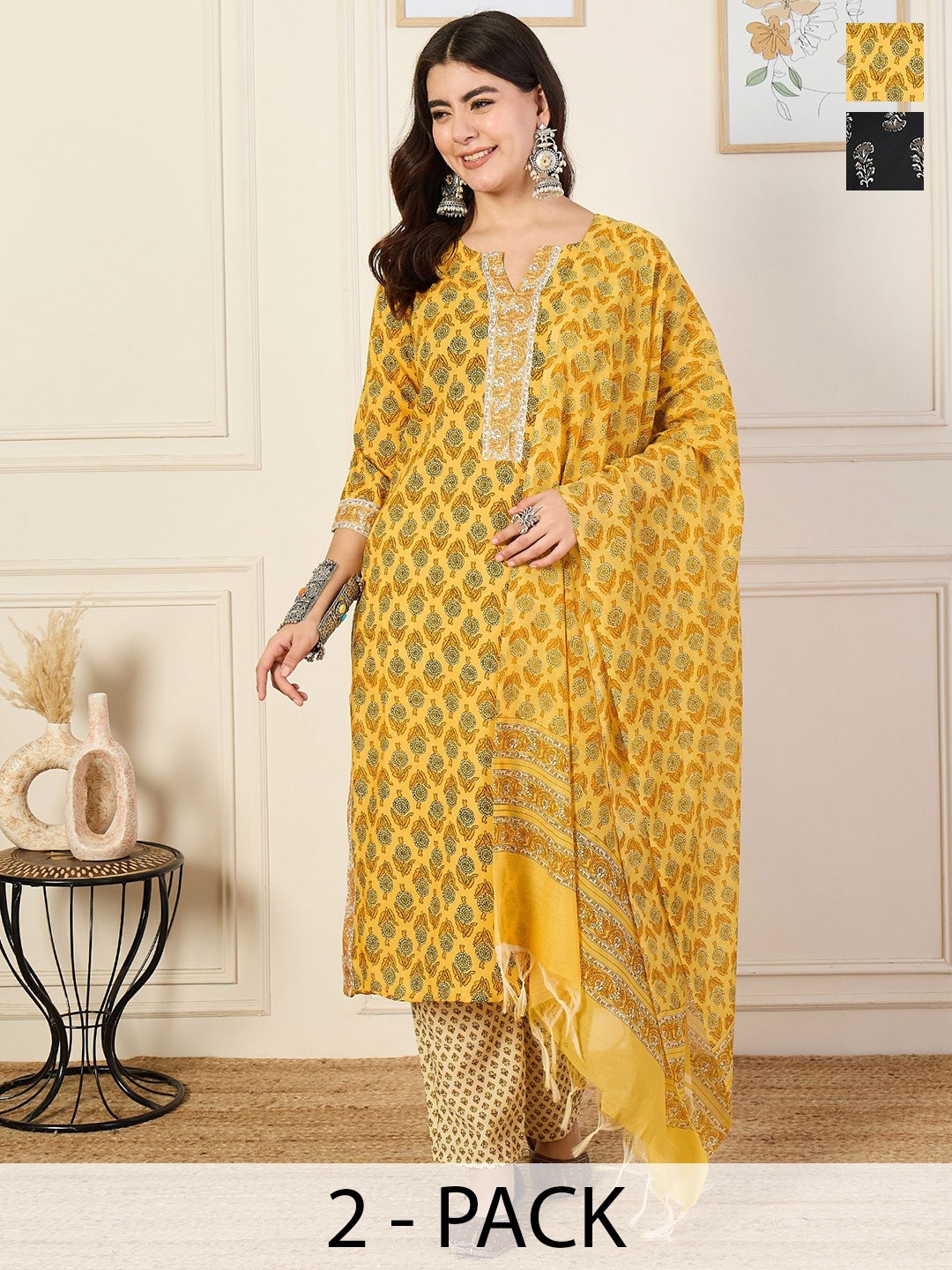 

KALINI Selection of 2 Floral Printed Notch Neck Straight Kurta With Trousers And Dupatta, Yellow