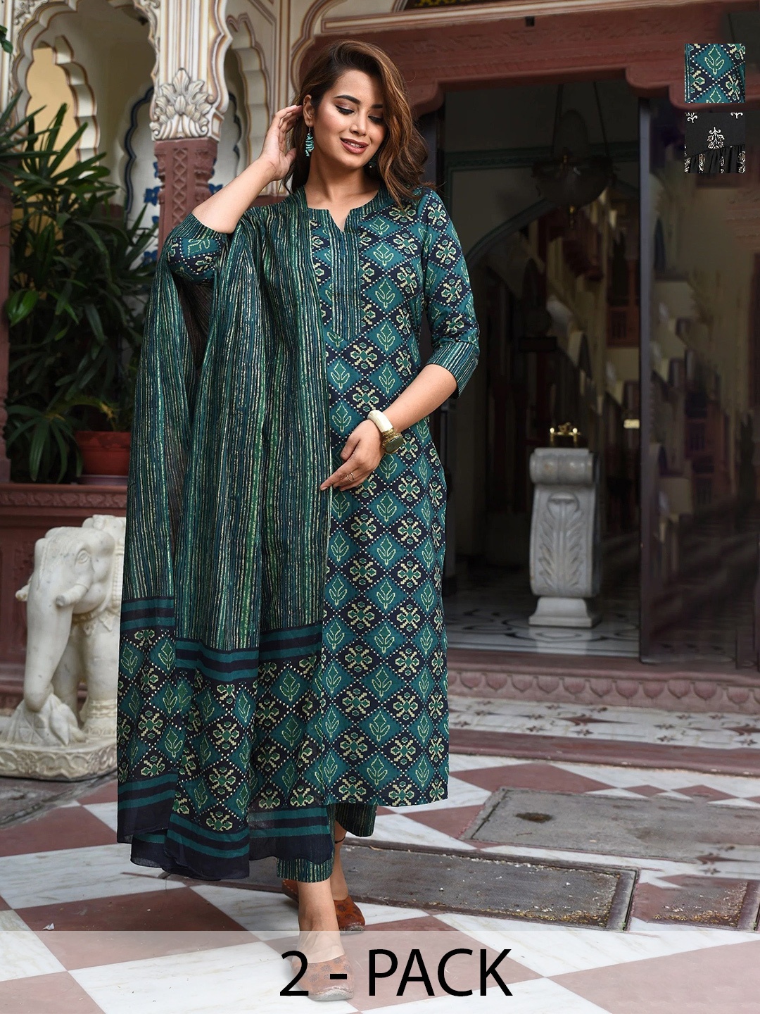 

KALINI Selection Of 2 Ethnic Motifs Printed Notch Neck Kurtas With Trousers & Dupattas, Green