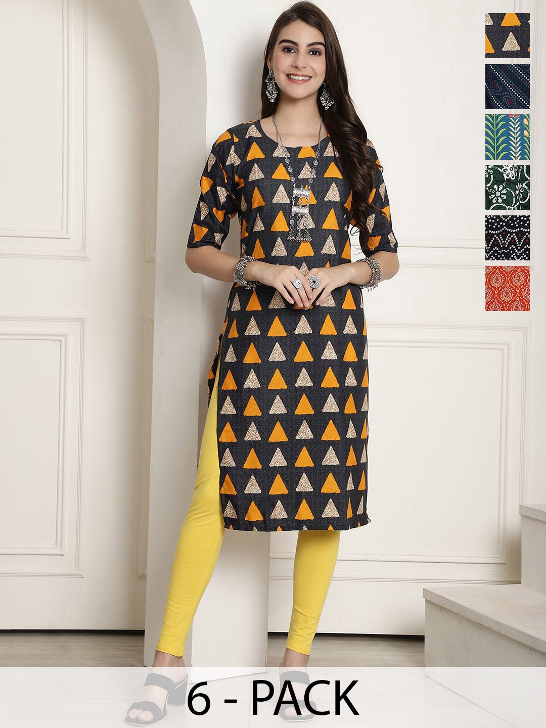 

7Threads Selection Of 6 Ethnic Motifs Printed Straight Crepe Kurta, Green