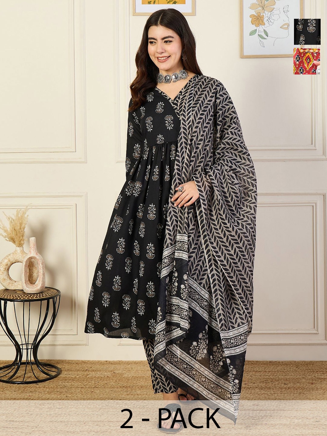 

KALINI Selection of 2 Floral Printed Anarkali Kurta With Trousers And Dupatta, Black