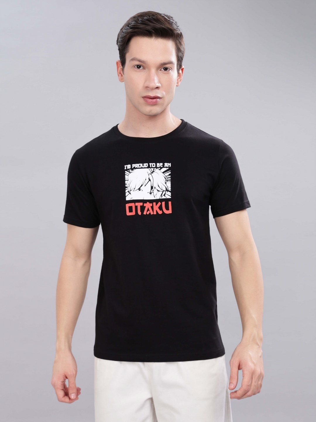 

TOMHIDDLE Men Graphic Printed Round Neck Slim Fit Cotton T-shirt, Black
