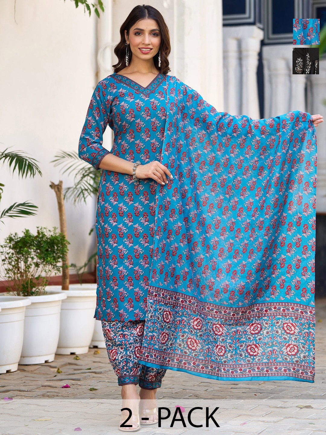 KALINI Selection of 2 Floral Printed V-Neck Straight Kurta With Salwar And Dupatta, Blue