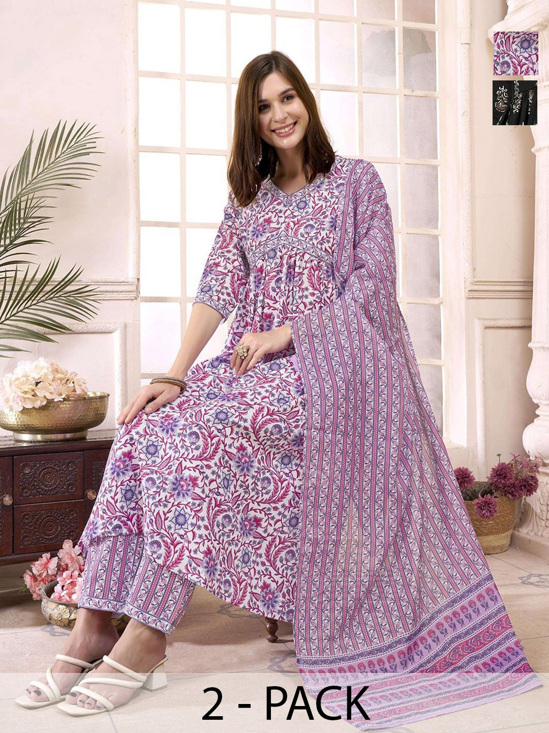 

KALINI Selection of 2 Floral Printed Empire Anarkali Kurta With Trousers And Dupatta, White