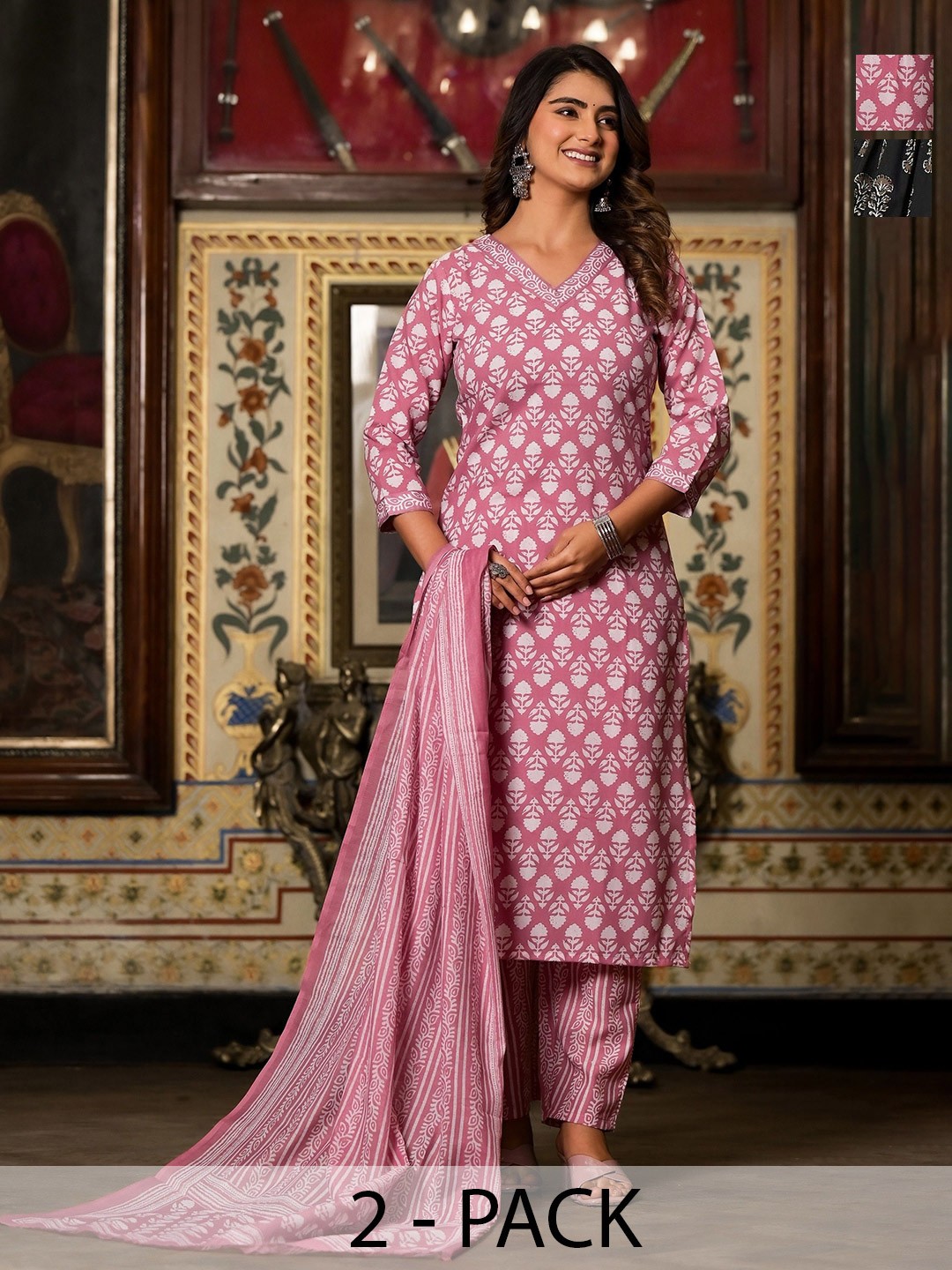 KALINI Selection of 2 Floral Printed V-Neck Pleated A-Line Kurta With Trousers And Dupatta, Pink