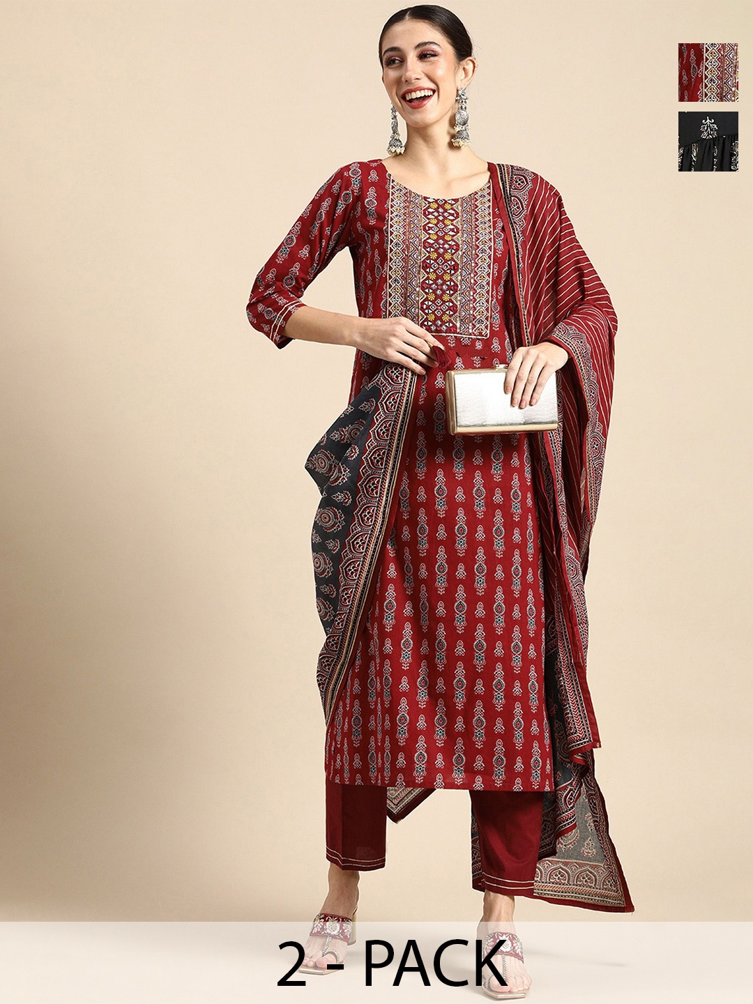 

KALINI Selection of 2 Kurta Set Ethnic Motifs Printed Kurta With Trousers And Dupatta, Maroon