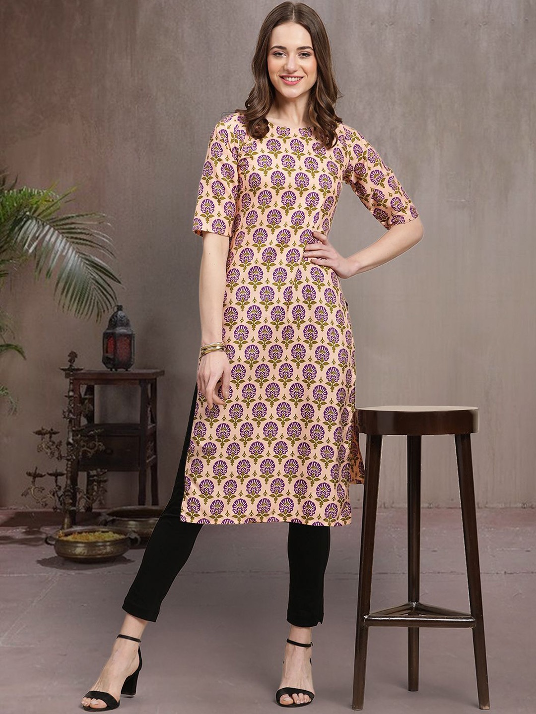

7Threads Ethnic Motifs Printed Straight Kurta, Beige
