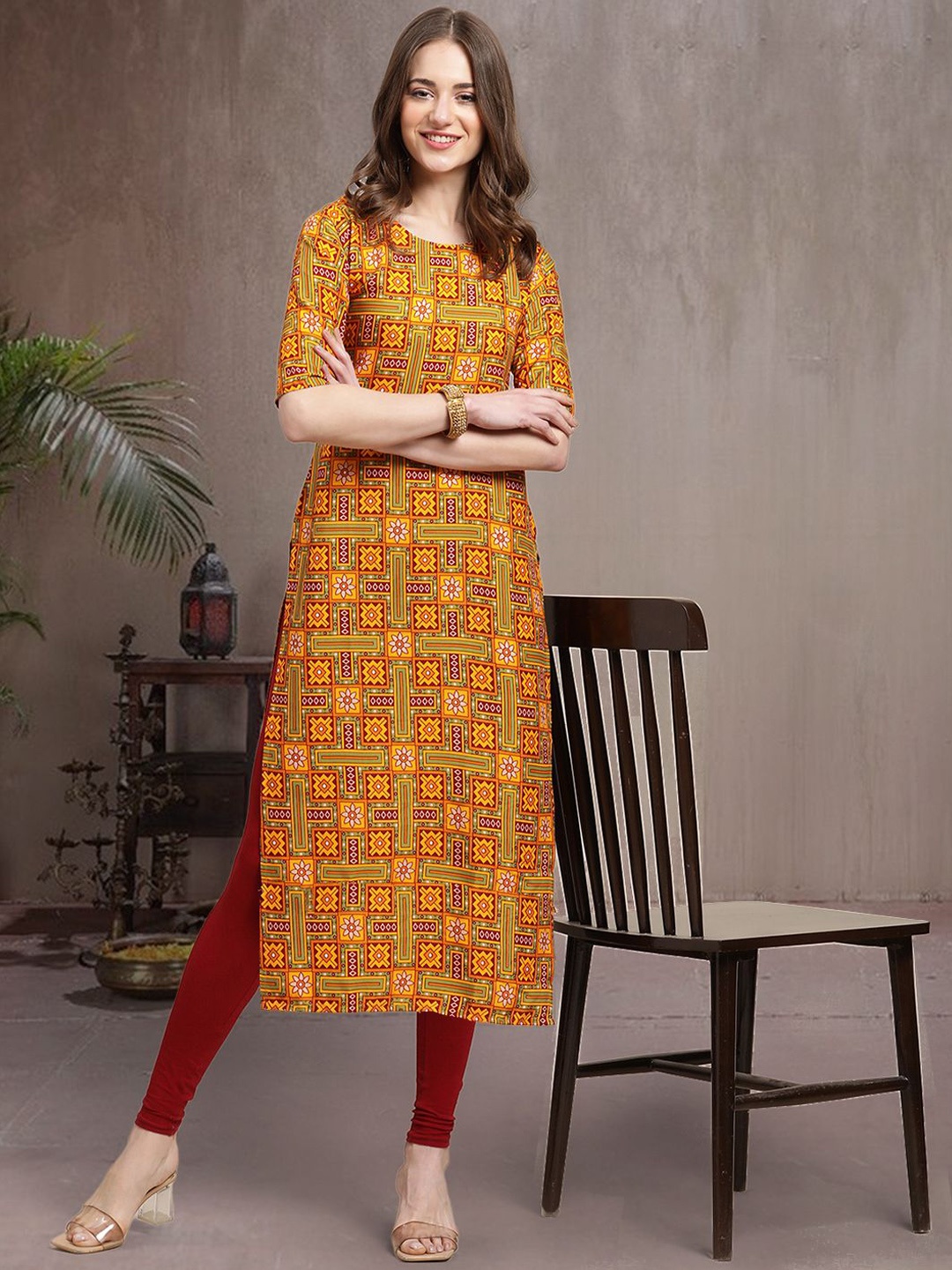 

7Threads Ethnic Motifs Printed Straight Kurta, Mustard