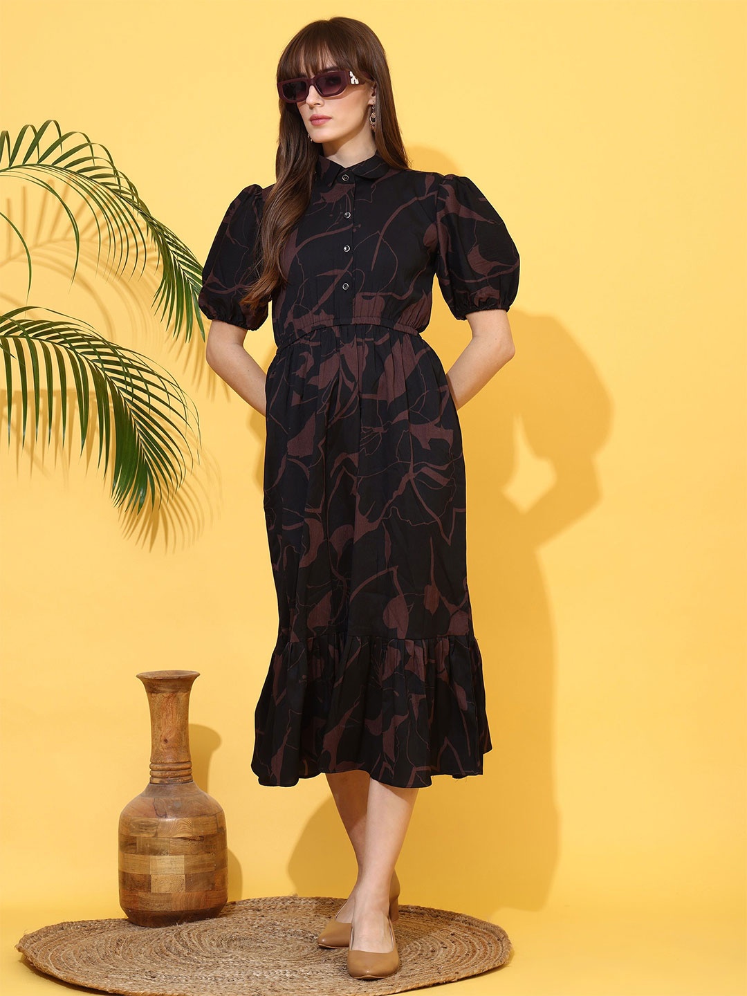 

SHEETAL Associates Women Shirt Collar Floral Printed Puff Sleeve Fit & Flare Midi Dress, Black