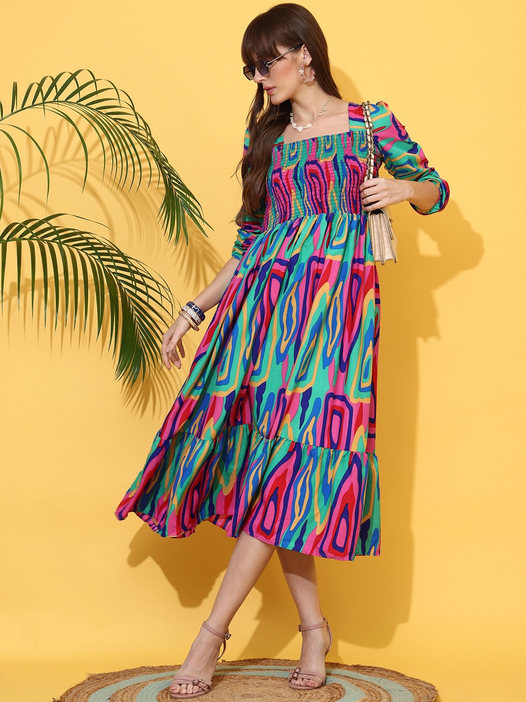 

SHEETAL Associates Women Square Neck Printed Fit & Flare Midi Dress, Green