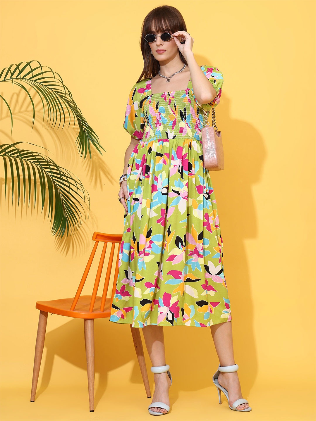 

SHEETAL Associates Women Smoked Floral Printed Puff Sleeve Fit & Flare Midi Dress, Green