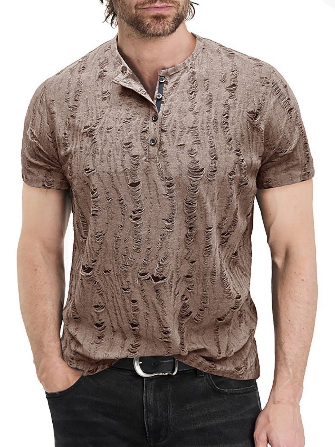 

StyleCast x Revolte Men Self Design Henley Neck T-shirt, Brown