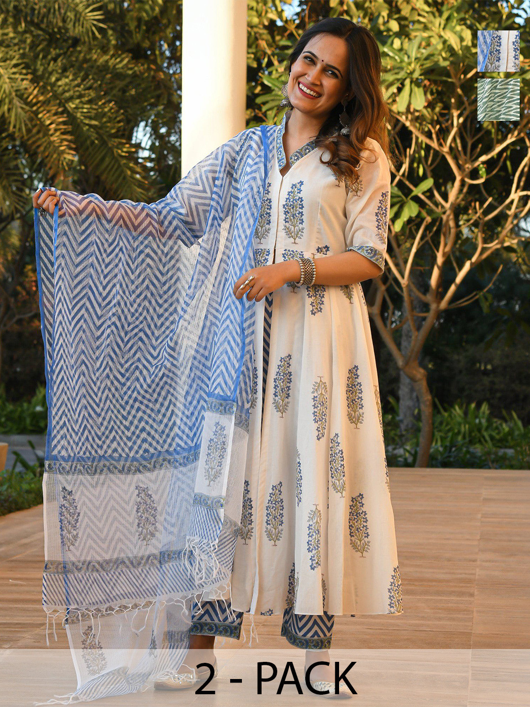 

KALINI Selection of 2 Floral Printed Anarkali Kurta With Trousers And Dupatta, Blue