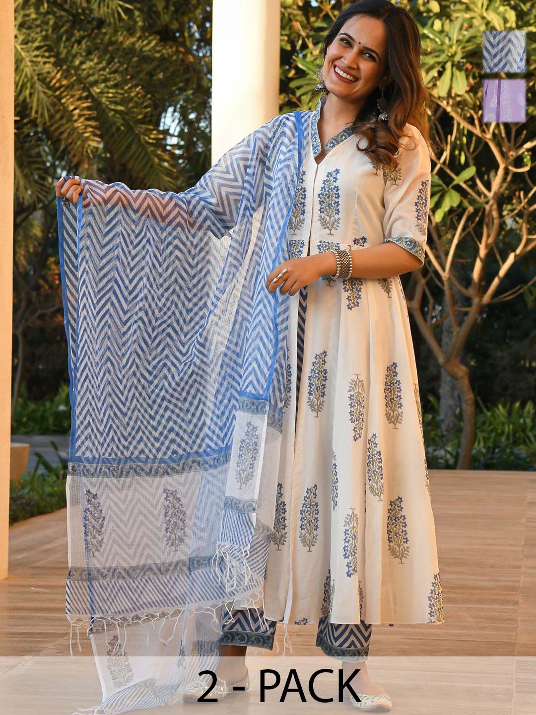 

KALINI Selection of 2 Floral Printed Anarkali Kurta With Trousers And Dupatta, White