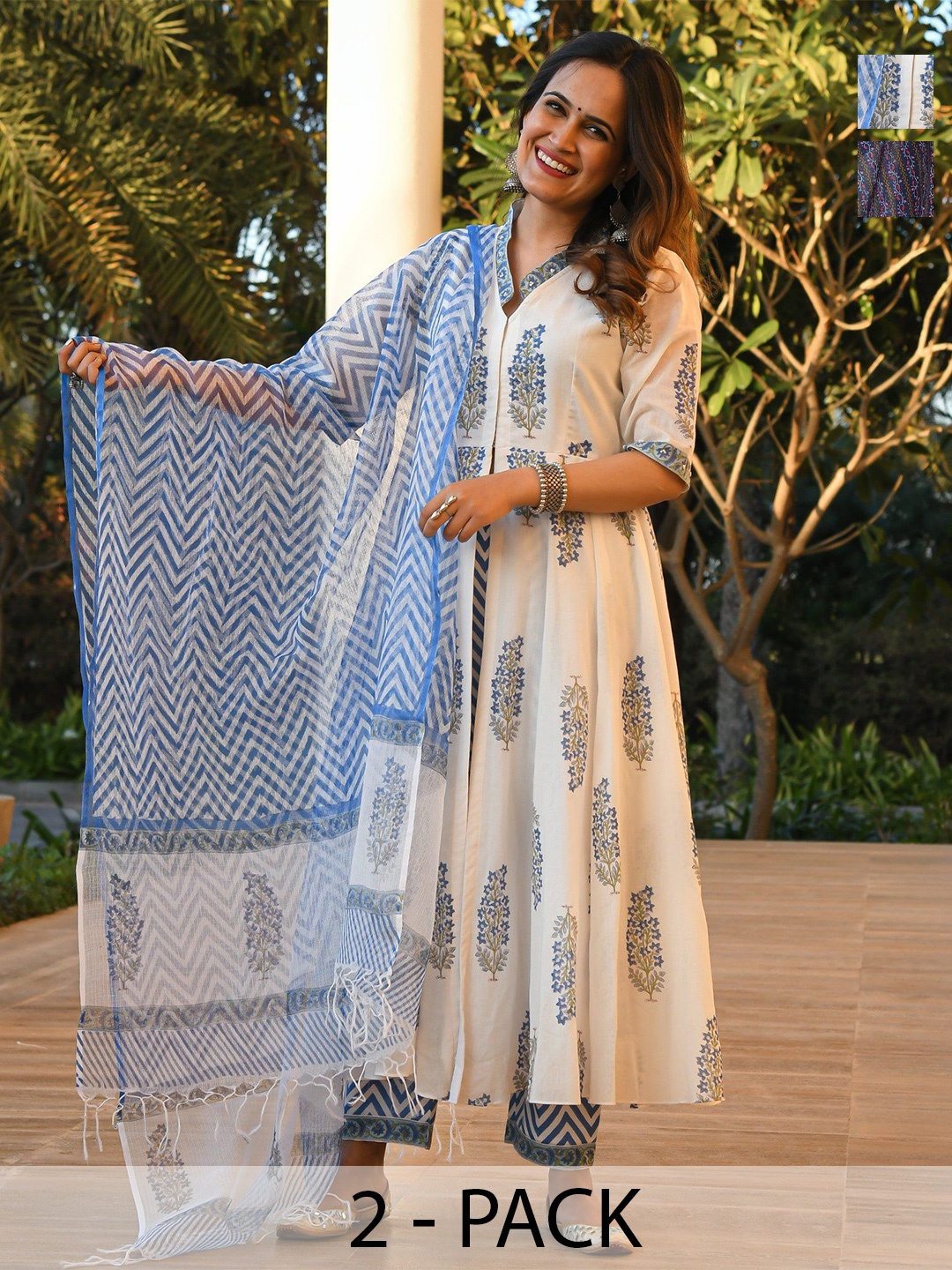

KALINI Selection of 2 Floral Printed Anarkali Kurta With Trousers And Dupatta, White