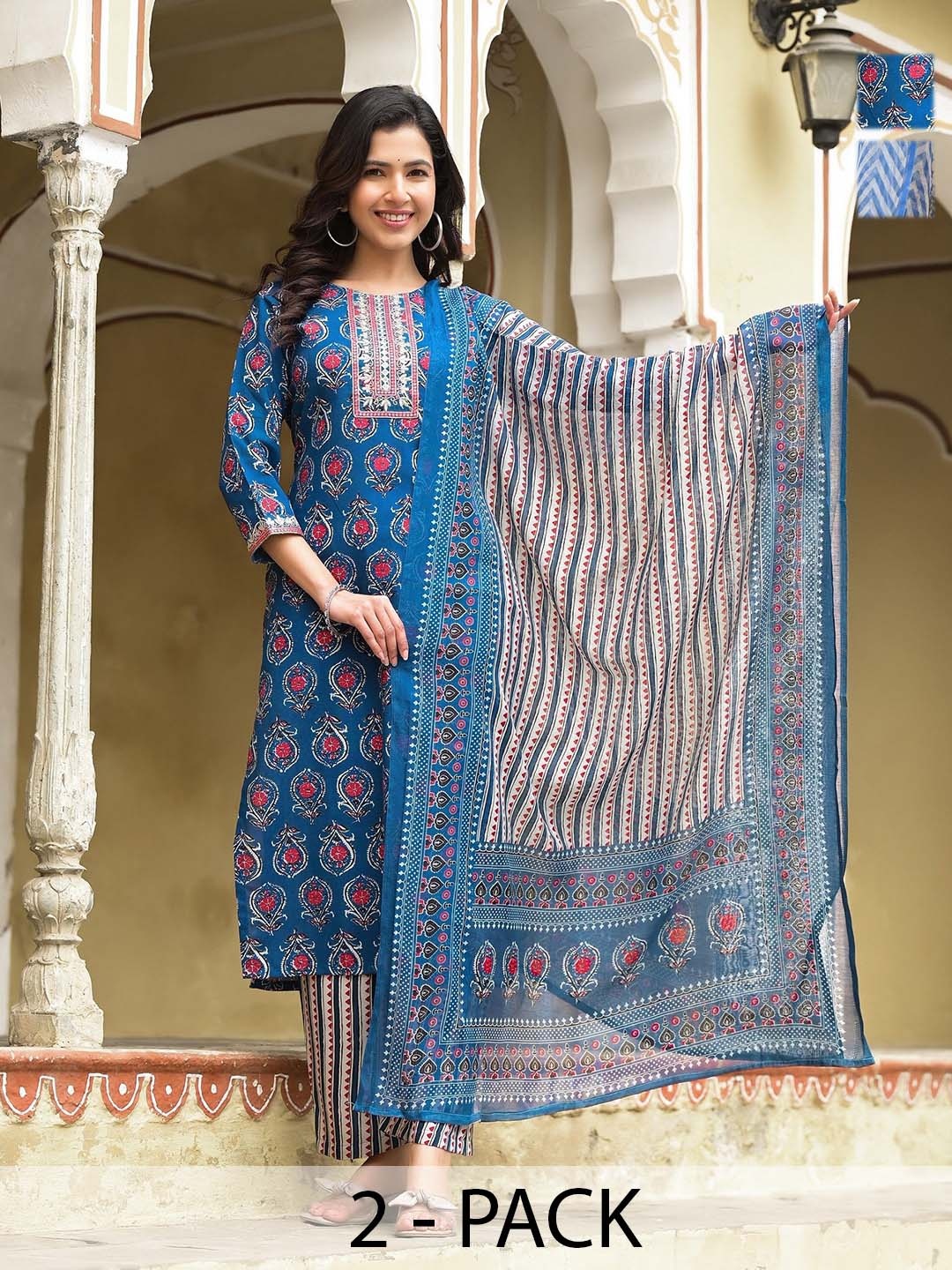 KALINI Selection of 2 Floral Printed Embroidered Straight Kurta With Trousers And Dupatta, Blue