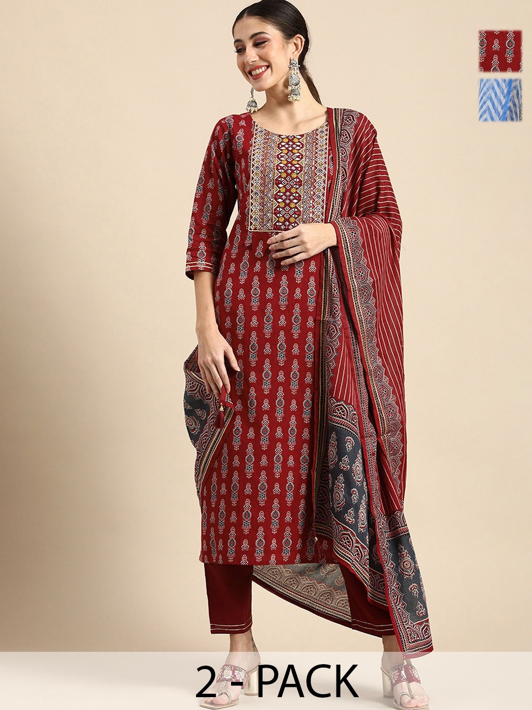 

KALINI Selection of 2 Ethnic Motifs Printed Kurta With Trousers And Dupatta, Maroon